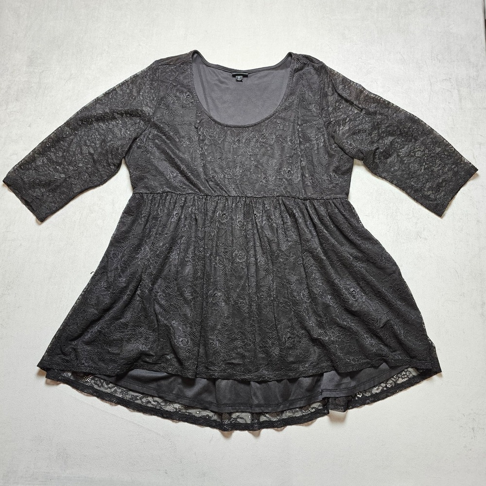 Torrid Black Floral Lace Babydoll Tunic Top Scoop Neck 3/4 Sleeve Plus Size 2